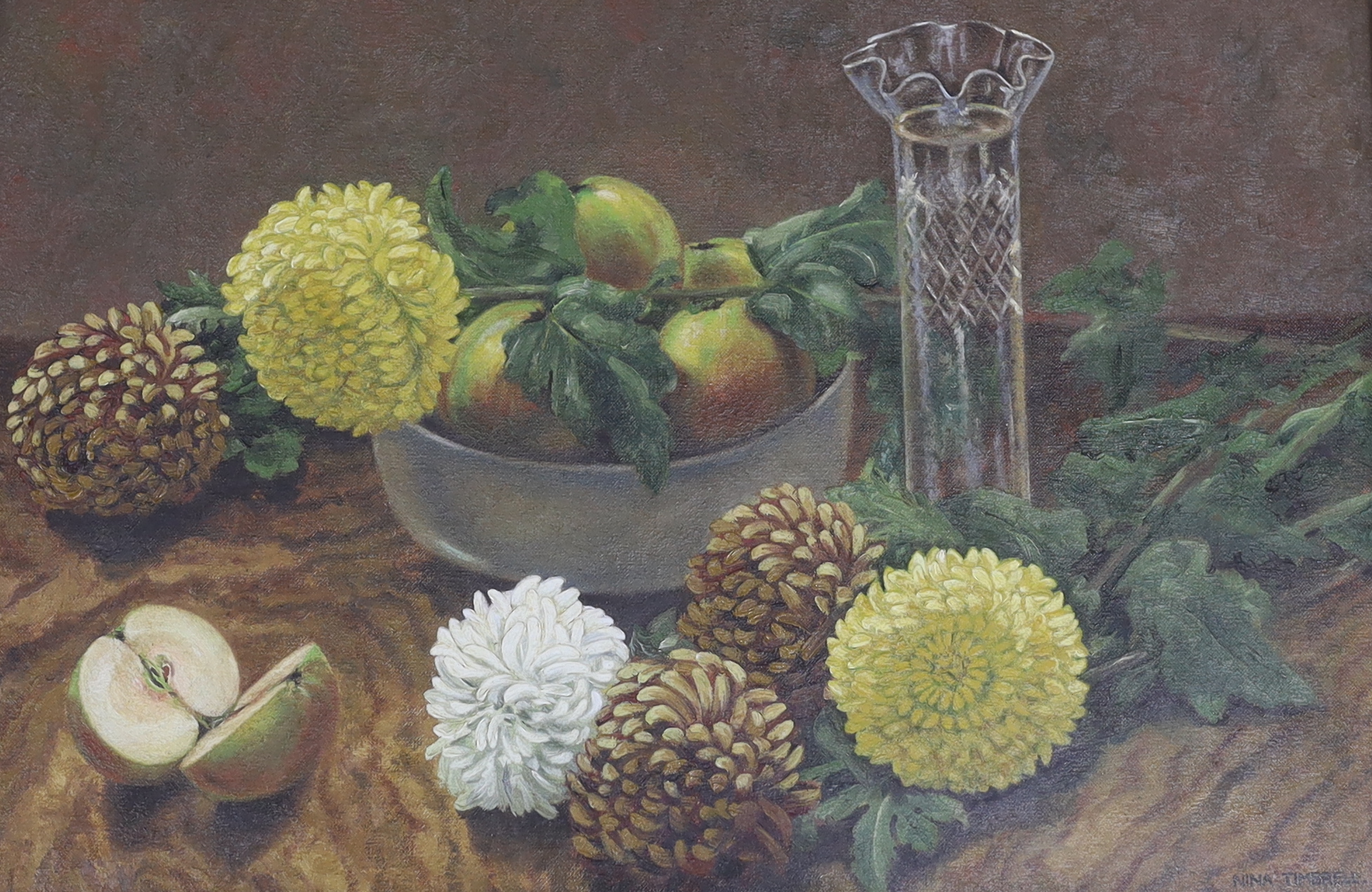 Nina Timbrell (20th. C), oil on canvas, Still life of fruit and flowers, signed, 30 x 45cm